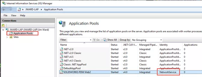 Application Pools SOLIDWORKS PDM Web2