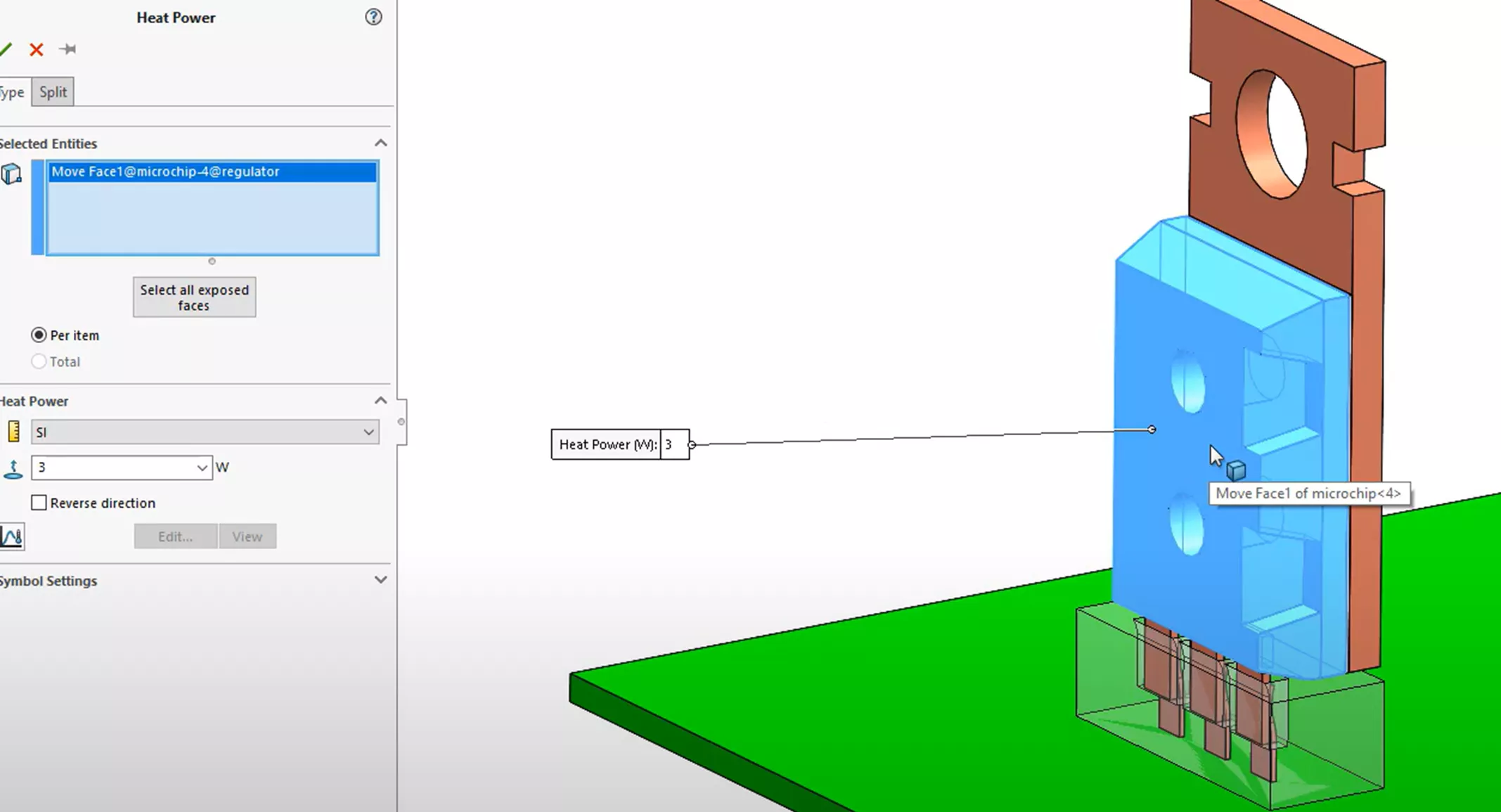 Apply 3 Watt Heat Source in SOLIDWORKS Simulation Professional