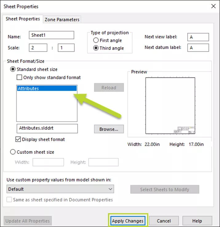 Apply Changes to SOLIDWORKS Sheet Properties