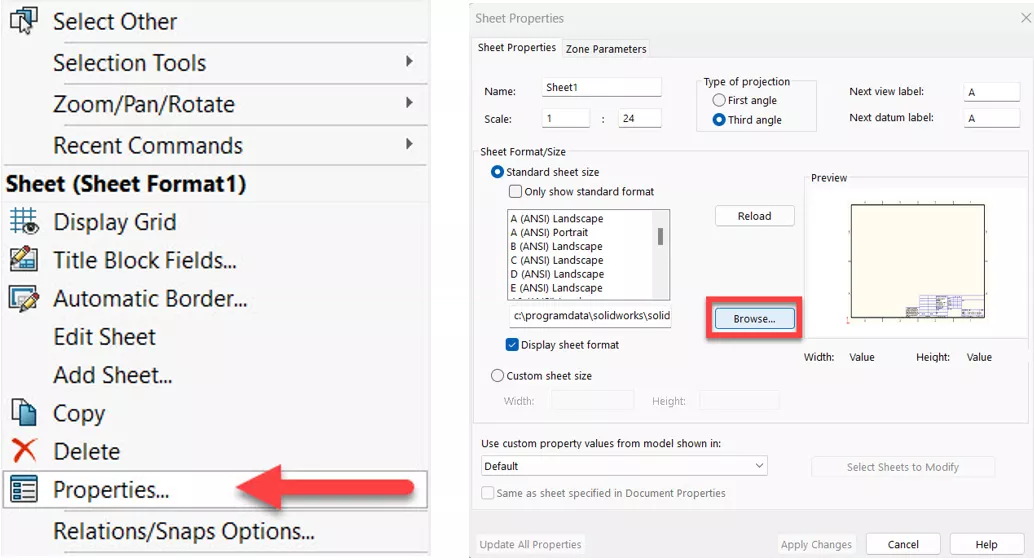 Apply an Existing SOLIDWORKS Sheet Format to the Current Sheet