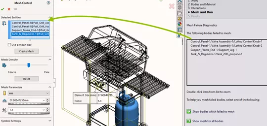 SOLIDWORKS Simulation Mesh Control PropertyManager with Mesh Failure Diagnostic Task Pane Tab