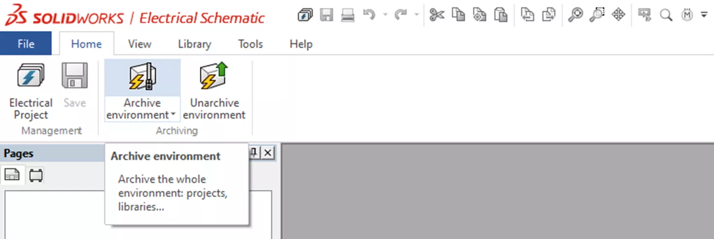 Archive Environment Option Under the Home Menu in SOLIDWORKS Electrical 