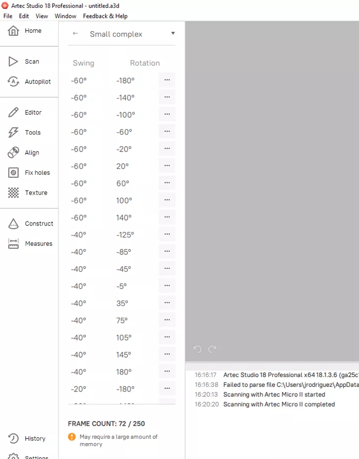 Frame Count for Small Complex Parts in Artec Studio 18