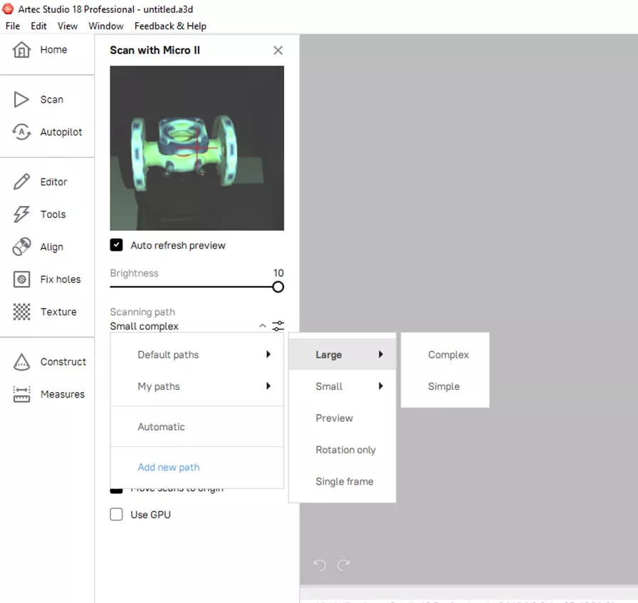 Default Paths for Large Parts in Artec Studio 18