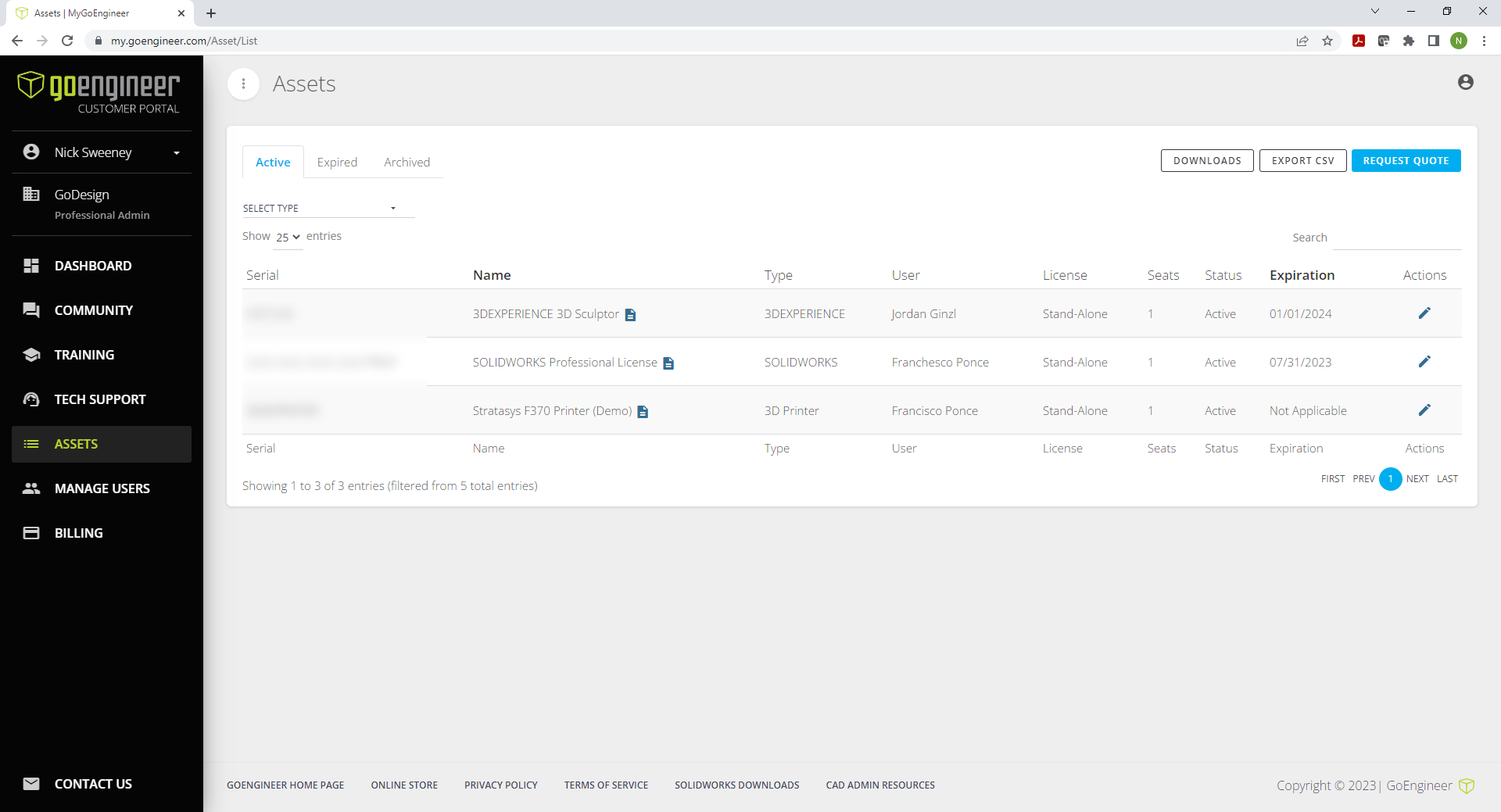 Administrators can manage their asset assignments through the GoEngineer Customer portal.