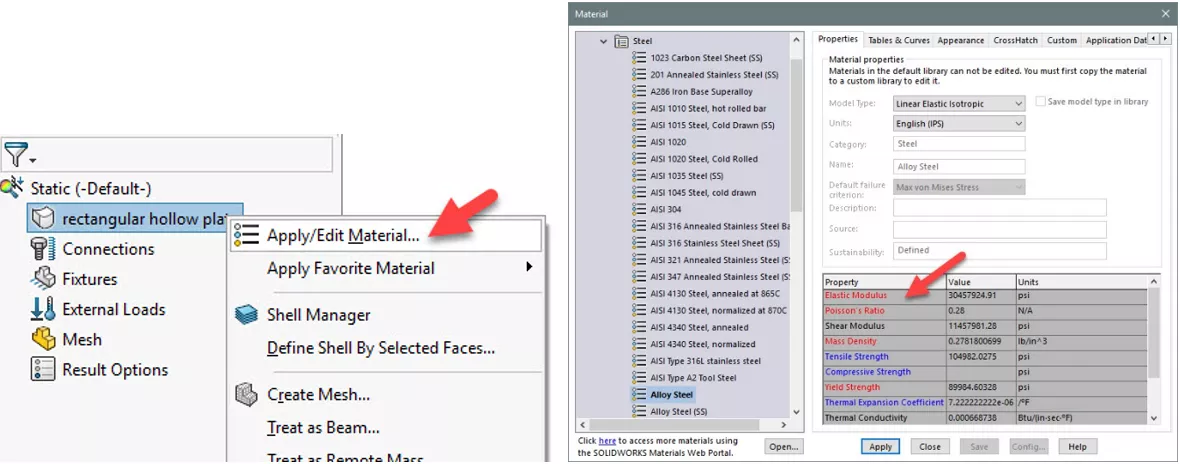Assign Materials to a SOLIDWORKS Simulation Study