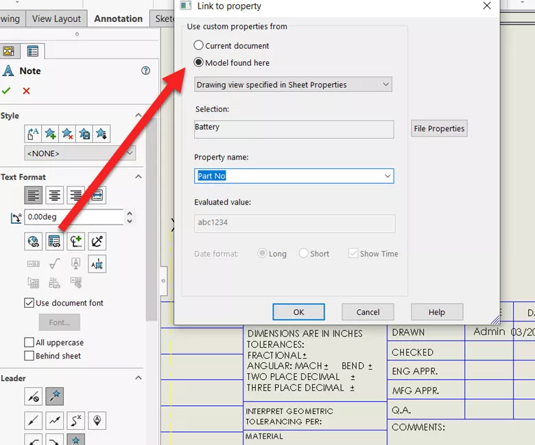 Insert a Note Linked to the SOLIDWORKS Barcode Property