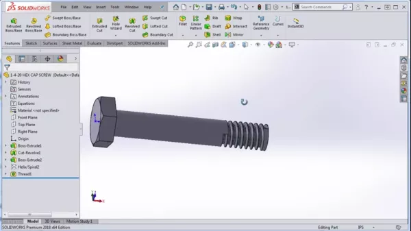 Threads cut into a hex bolt in SOLIDWORKS.