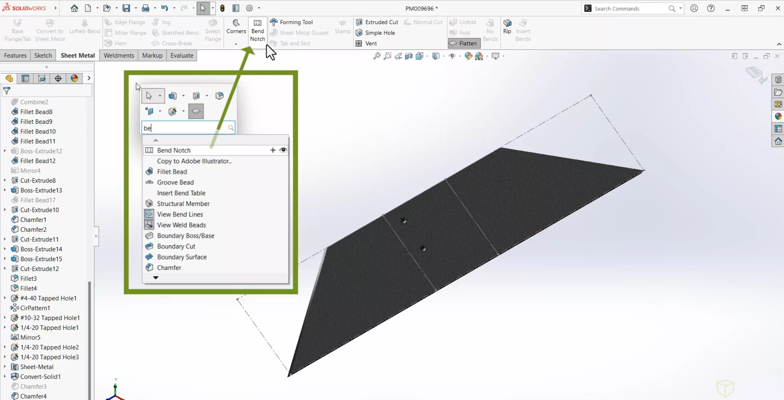 Bend Notch Command Shortcut in SOLIDWORKS Sheet Metal 2025