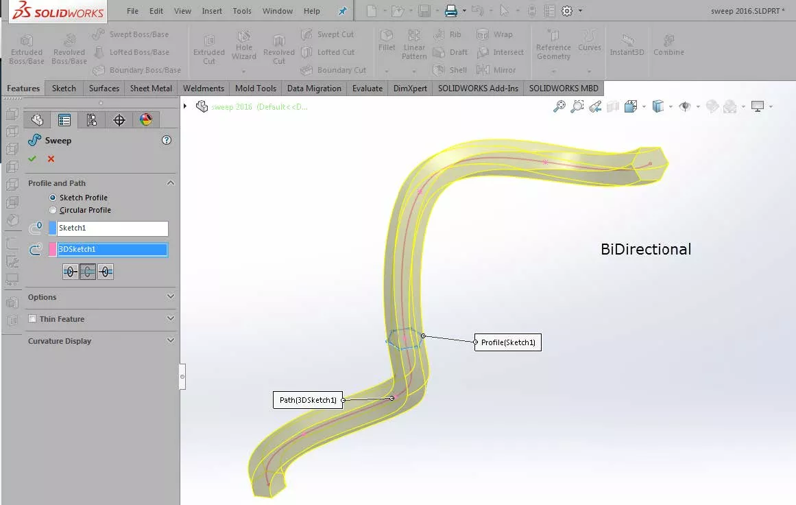 Bidirectional Sweep in SOLIDWORKS 2016
