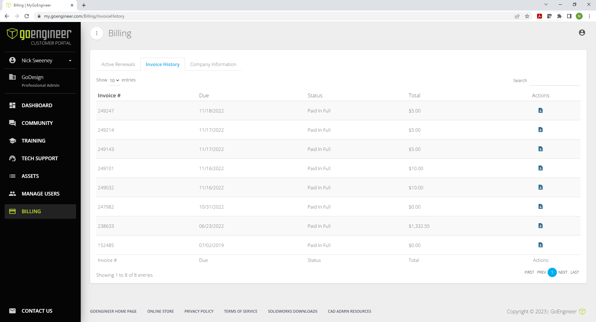 GoEngineer Customer Portal Billing Information