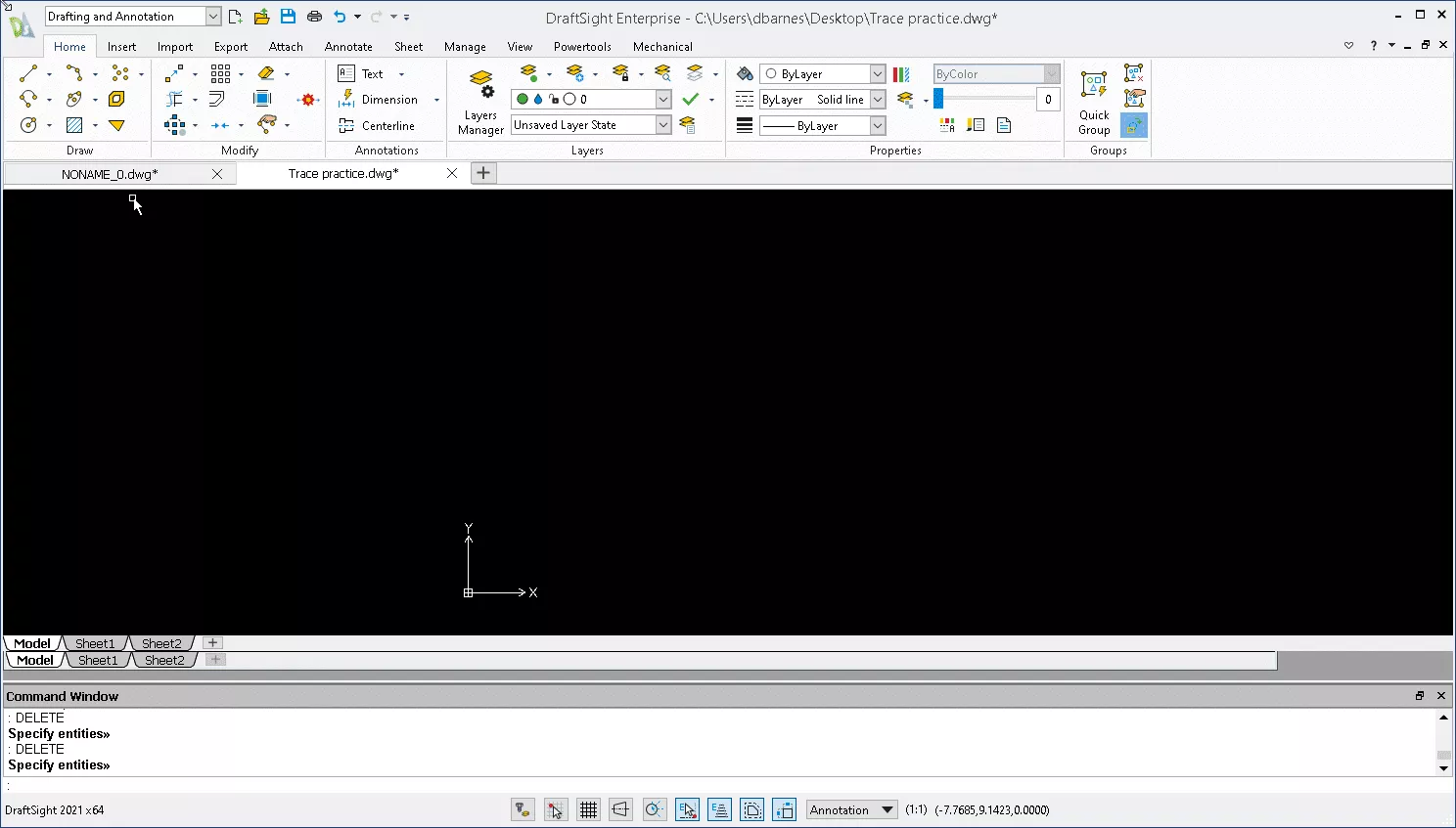 Start with a new DraftSight project and name it trace practice dot dwg.