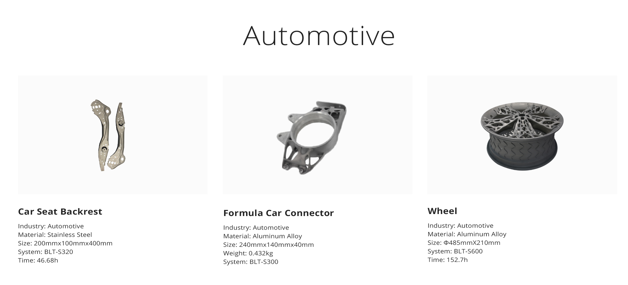 Automotive Parts Printed with BLT Metal 3D Printers.