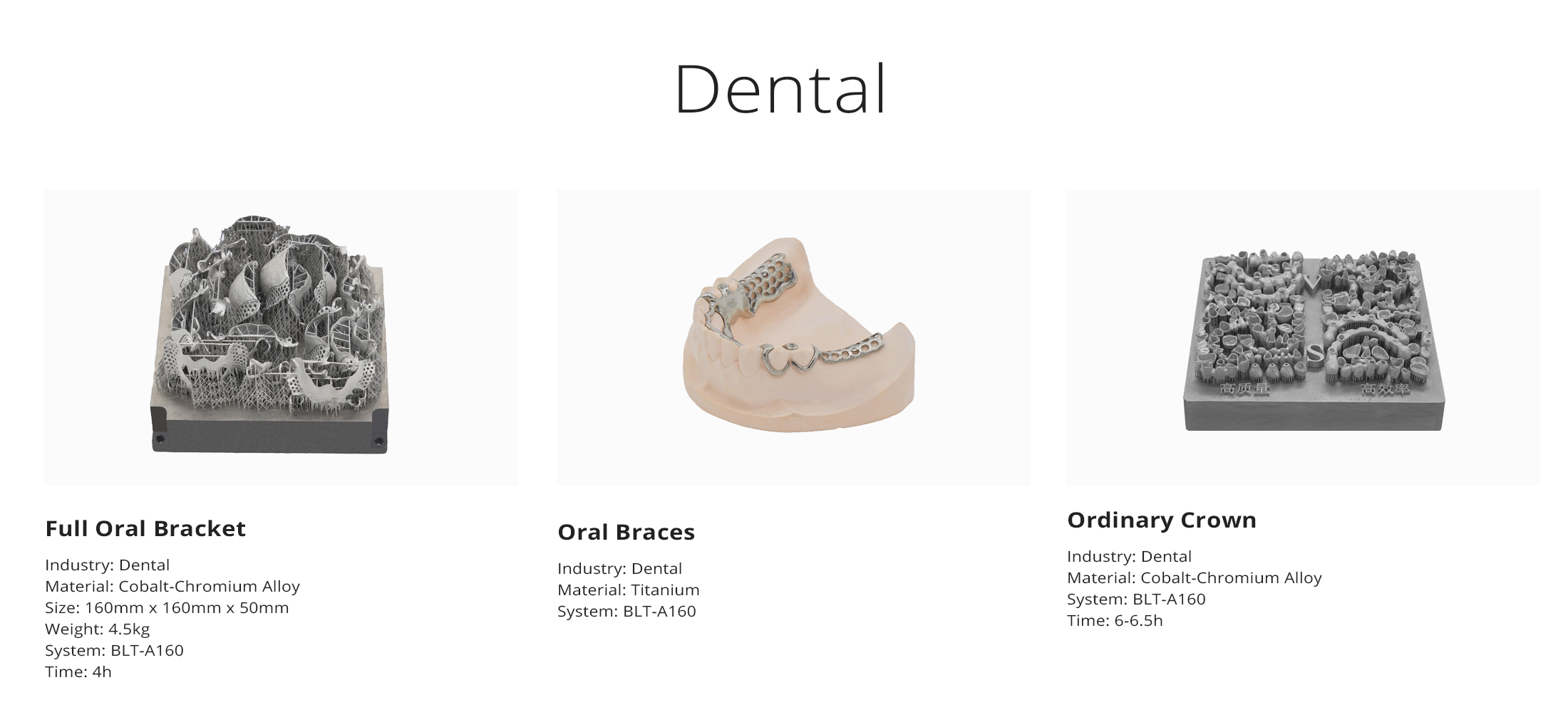 Dental Parts Printed with BLT Metal 3D Printers.