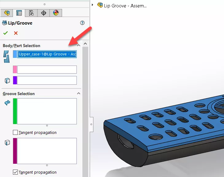 Body/Part Selection in SOLIDWORKS Creating Lip/Groove