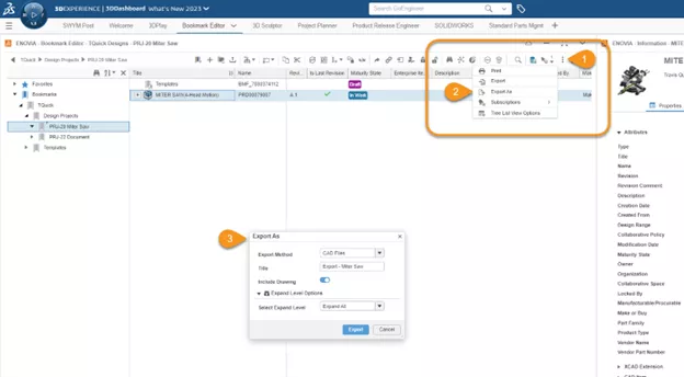 The new 3DEXPERIENCE export options in the Bookmark Editor make is easier to export your CAD files as a package.