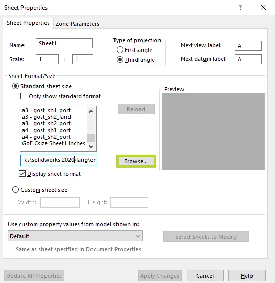 Browse SOLIDWORKS Sheet Properties