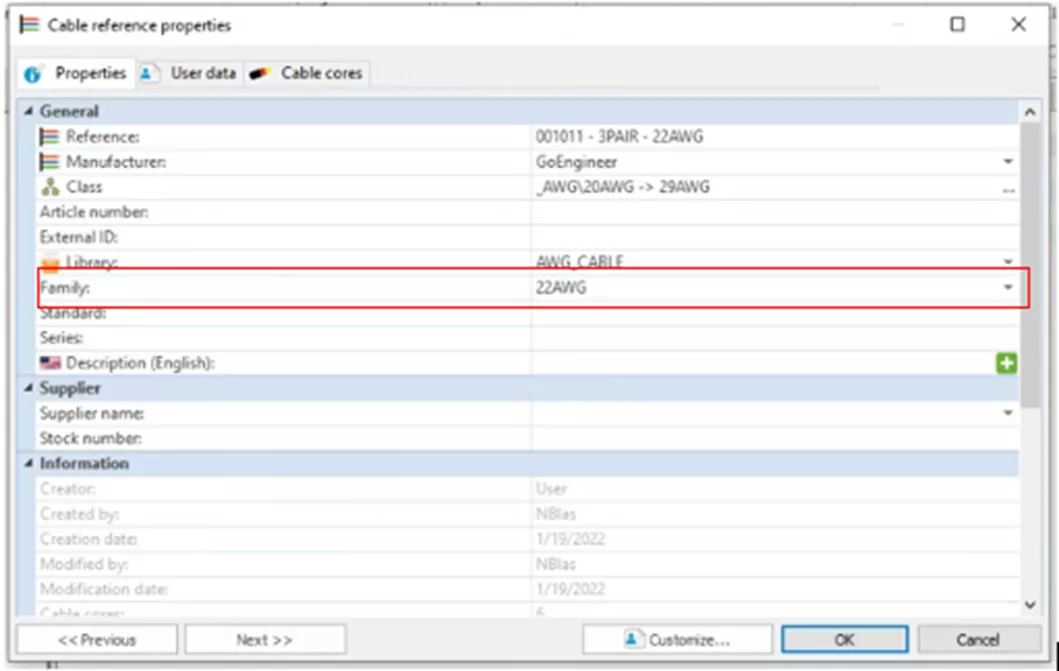 Cable Reference Properties in SOLIDWORKS Electrical