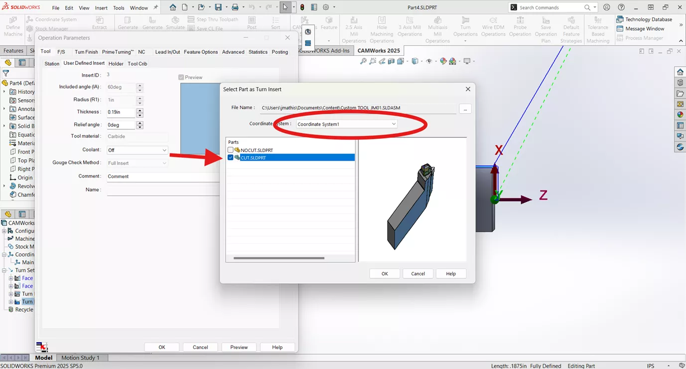 CAMworks Select Part as Turn Insert