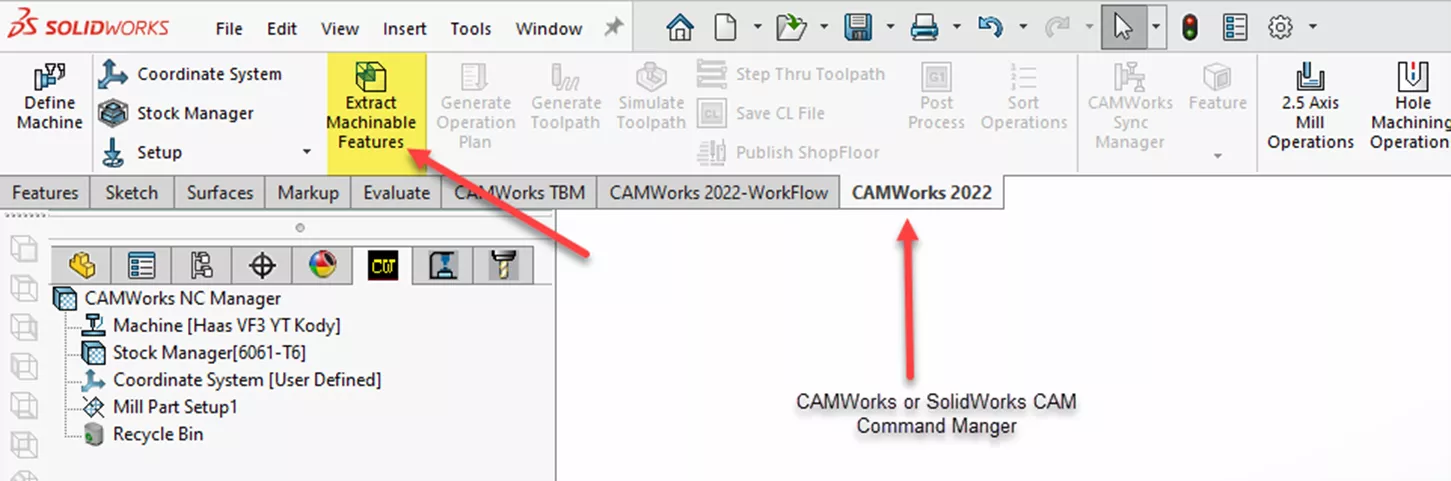 Extract Machinable Features Option in the CAMWorks Toolbar