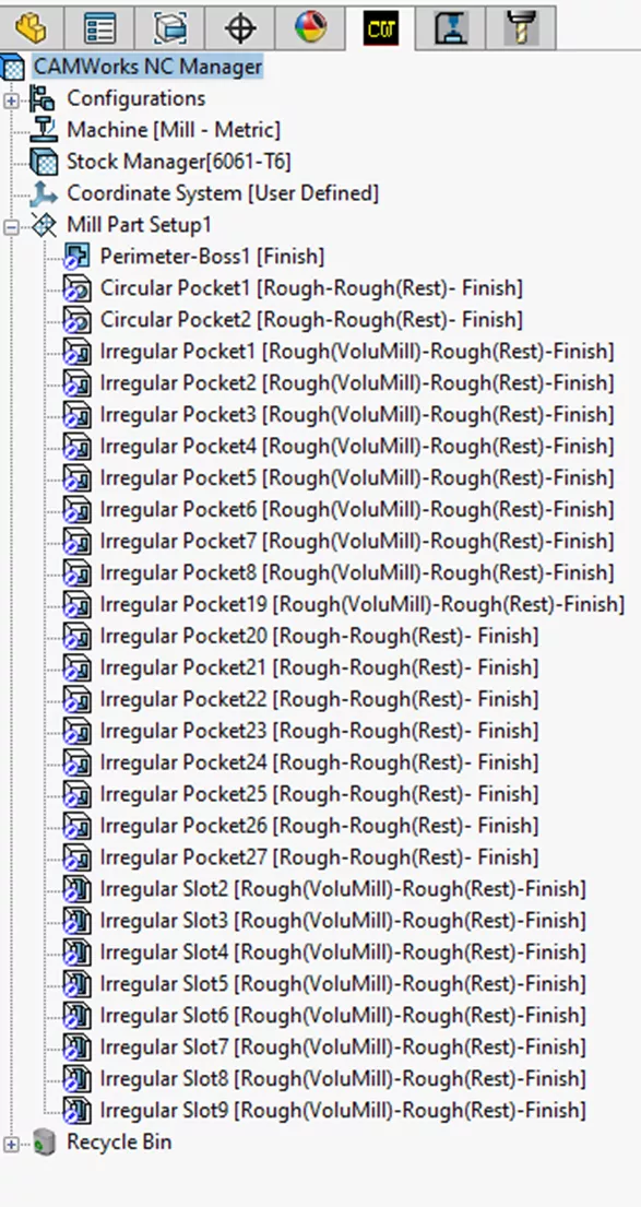 CAMWorks Feature Tree Mill Part Setup