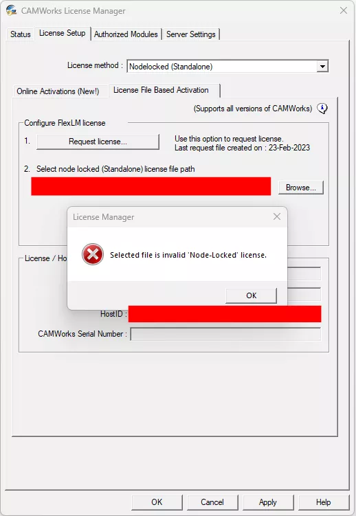 CAMWorks License Manager Error Selected File Is Invalid