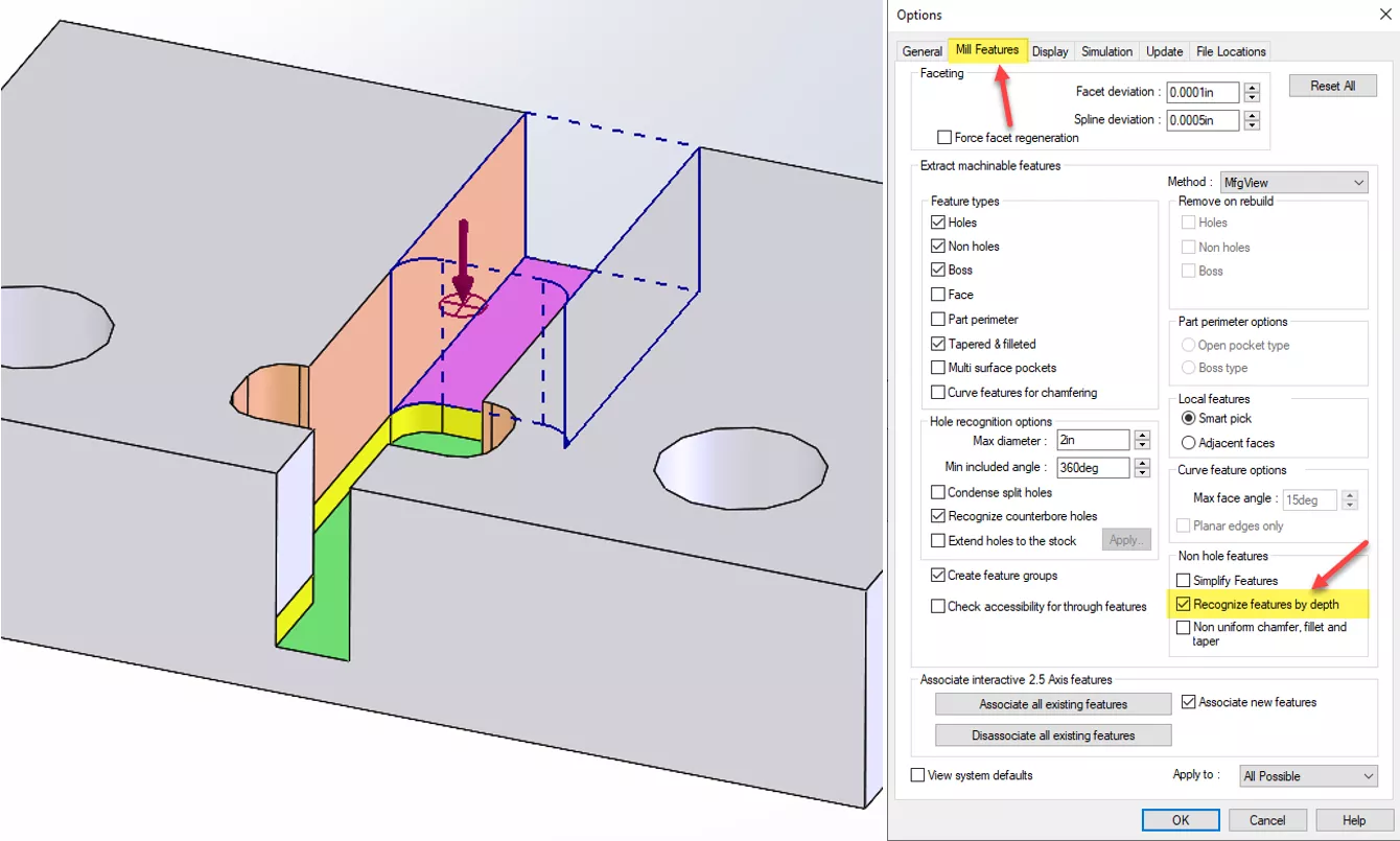 CAMWorks Mill Features Recognize Features by Depth Option