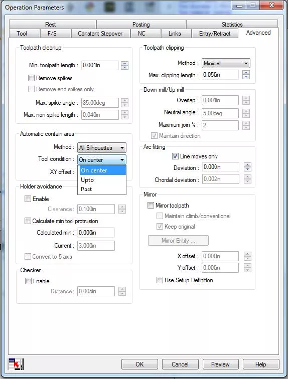CAMWorks Operation Parameters Window Options