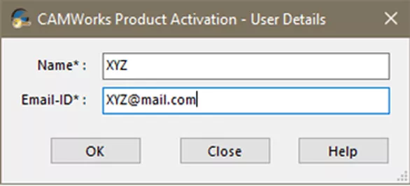 CAMWorks Product Activation User Details 