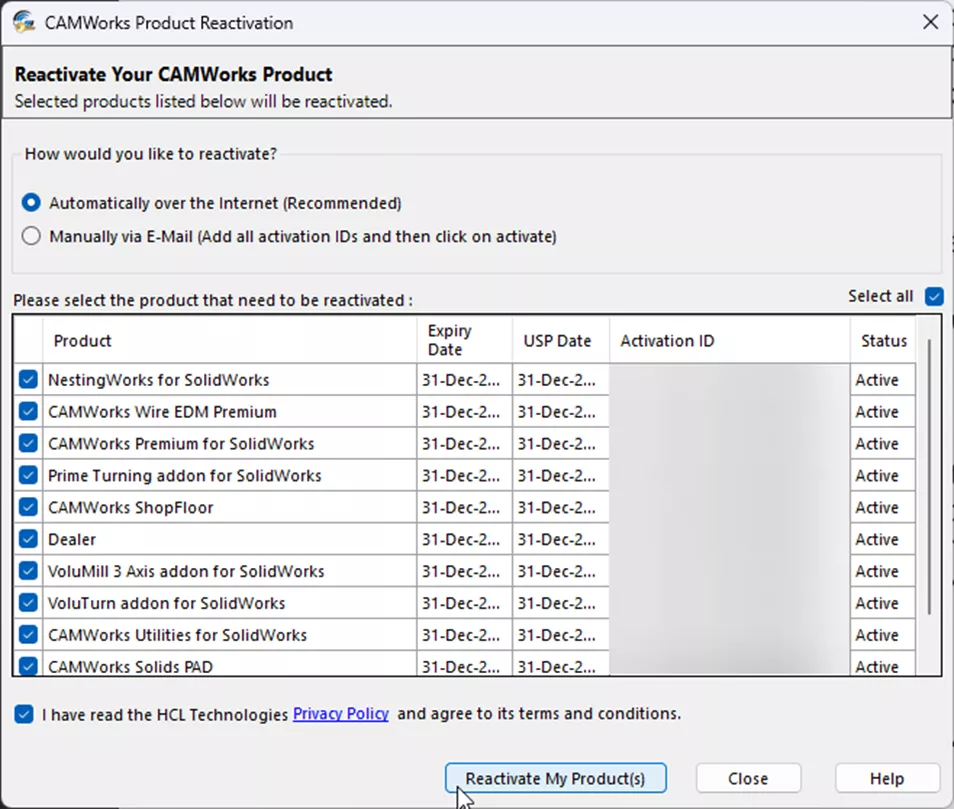 CAMWorks Product Reactivation