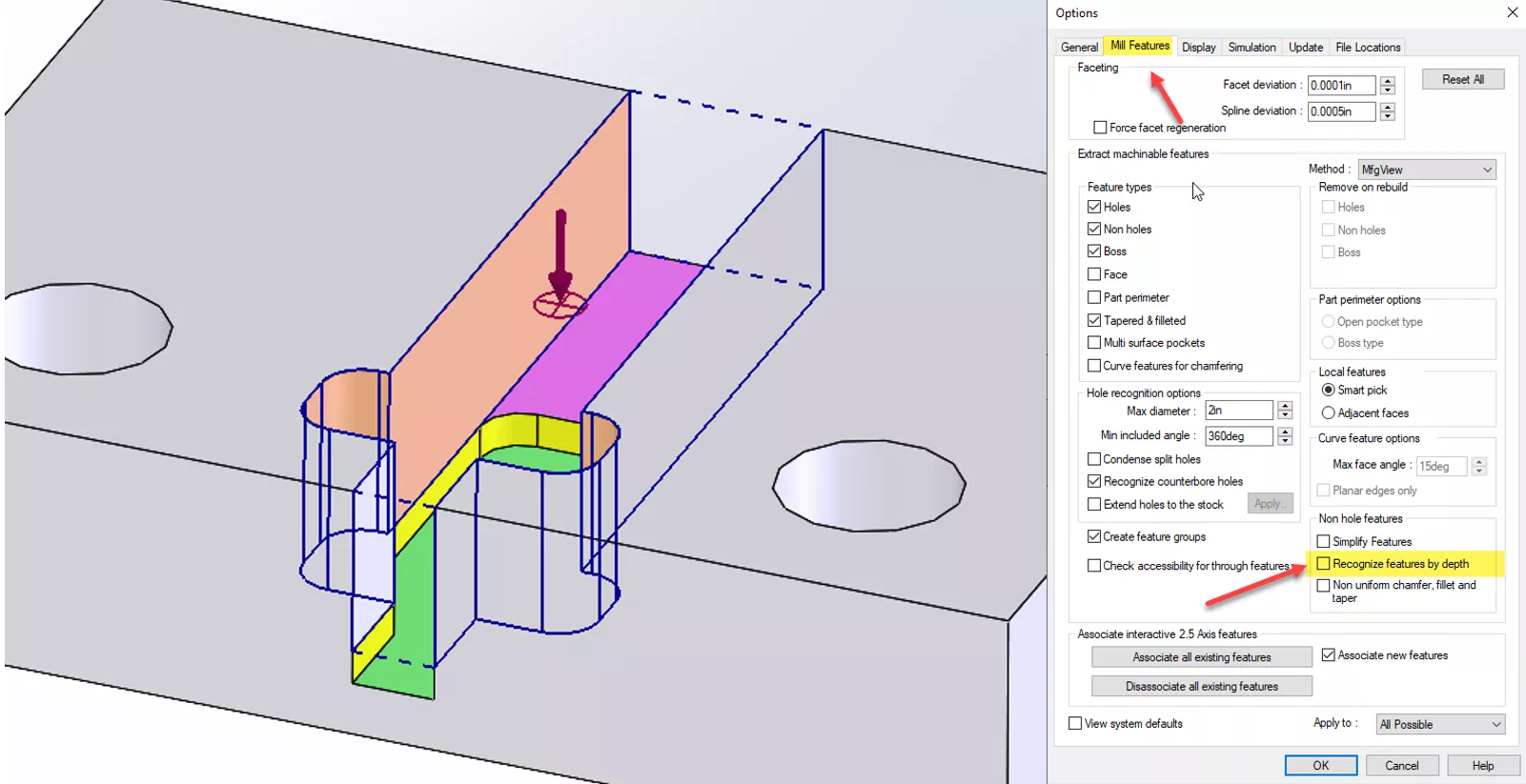 CAMWorks Mill Turn Options Recognized Features by Depth Unchecked
