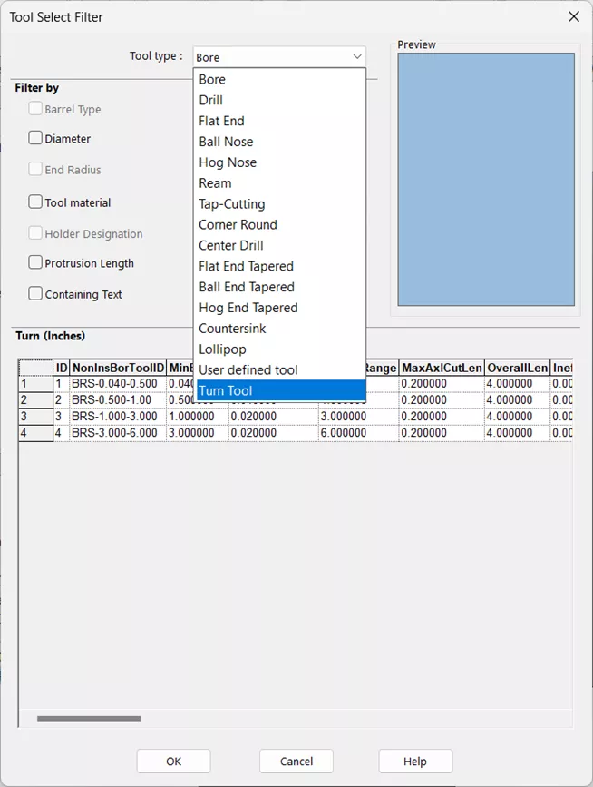 CAMWorks Tool Select Filter Tool Type Options