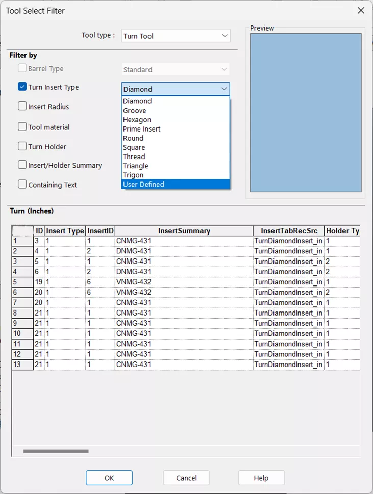 Change Insert Type to User Defined in the CAMWorks Tool Select Filter