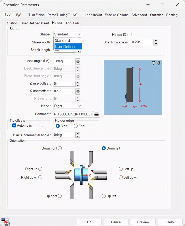 Select a User Defined Shape in CAMWorks Operation Parameters