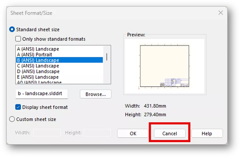 Cancel to Save SOLIDWORKS Sheet Format On Open