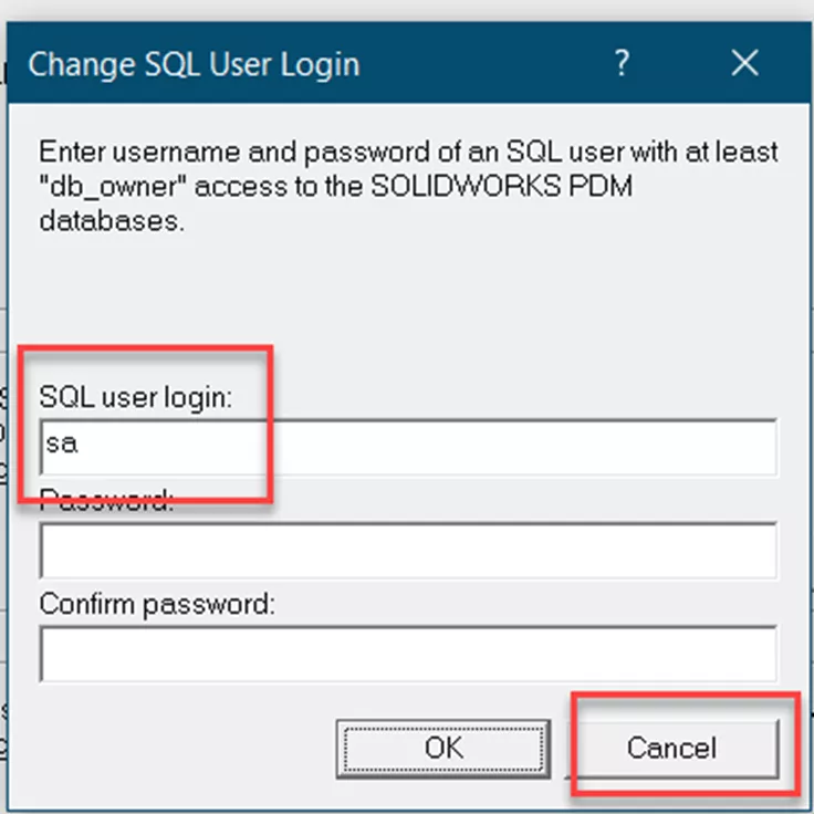 Cancel SQL User Login for SOLIDWORKS PDM Professional Server Upgrade
