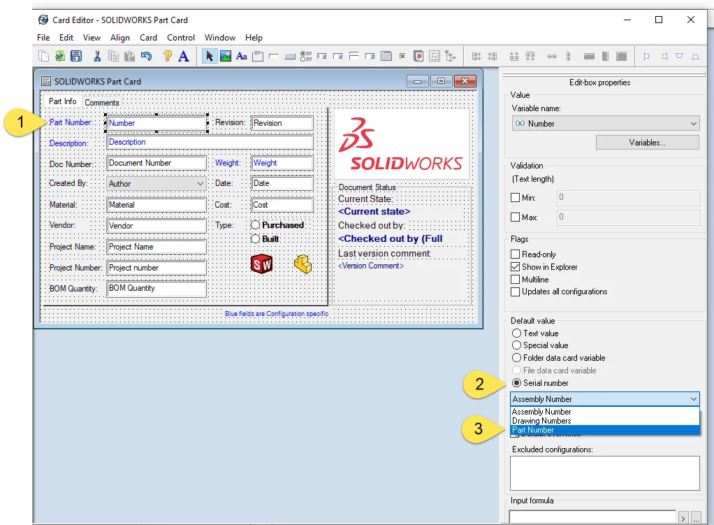 card editor solidworks part card