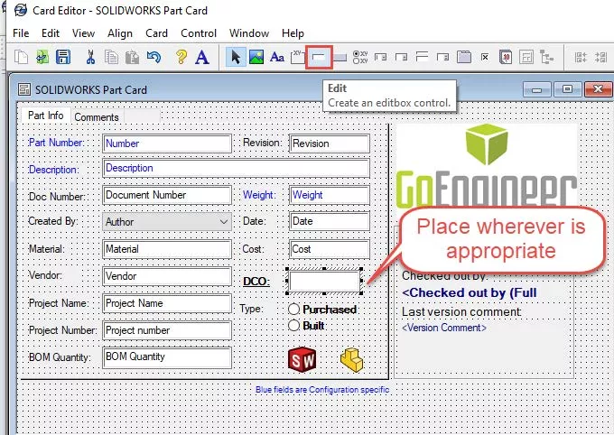 Card Editor SOLIDWORKS PDM Part Card