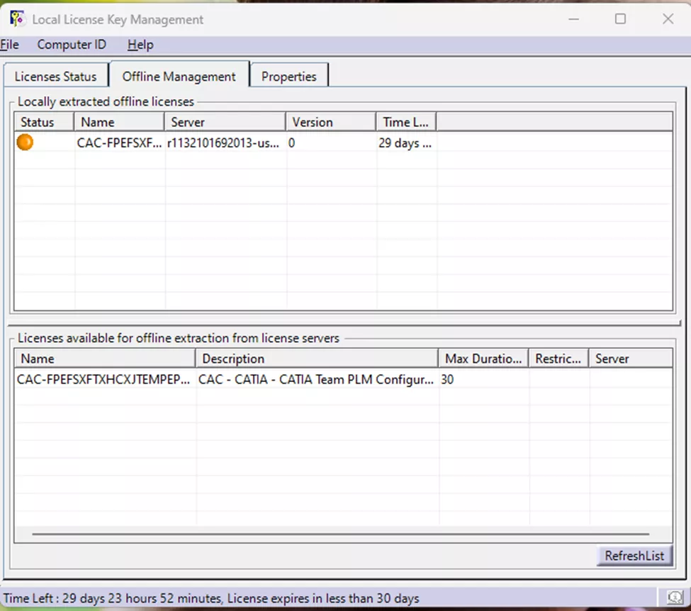 Checked Out CATIA License from Managed DSLS