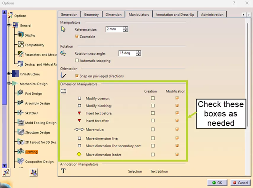 Dimension Manipulator Options CATIA V5 Drafting Tips