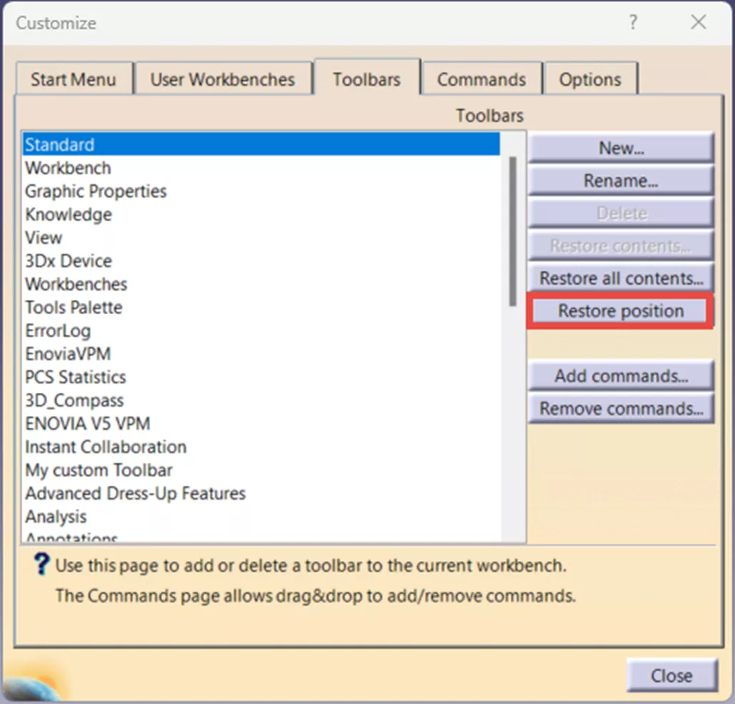 Reset Toolbars in CATIA V5