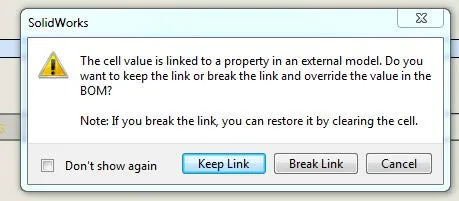 Cell Value Linked to Property External Model SOLIDWORKS Warning