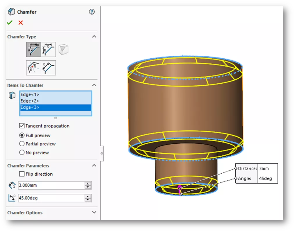 Adding a Chamfer in SOLIDWORKS with Direct Editing 