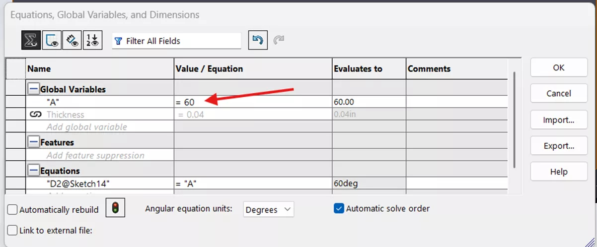 Angle Angle SOLIDWORKS Equations, Global Variables, and Dimensions