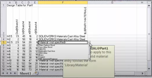 Change Material in a SOLIDWORKS Design Table 