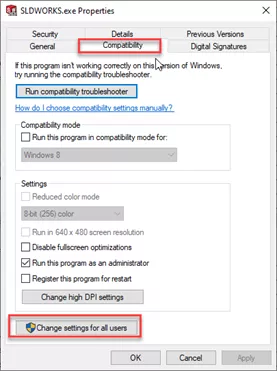 Change settings for all users SOLIDWORKS option