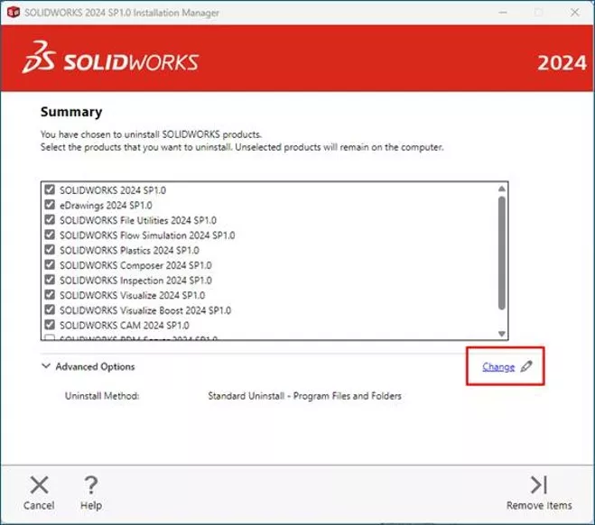 Change Option in SOLIDWORKS Installation Manager