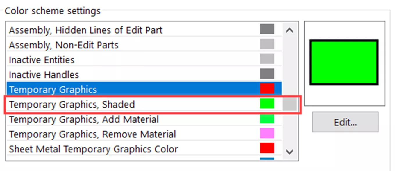 SOLIDWORKS Color Scheme Settings Temporary Graphics, Shaded