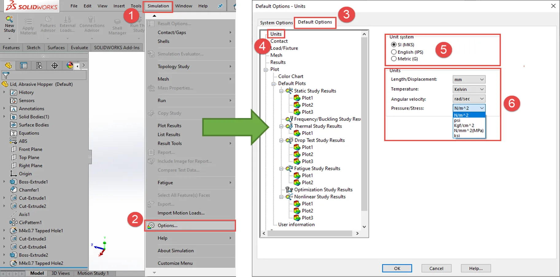 Pathway to change units in SOLIDWORKS Simulation Default Options
