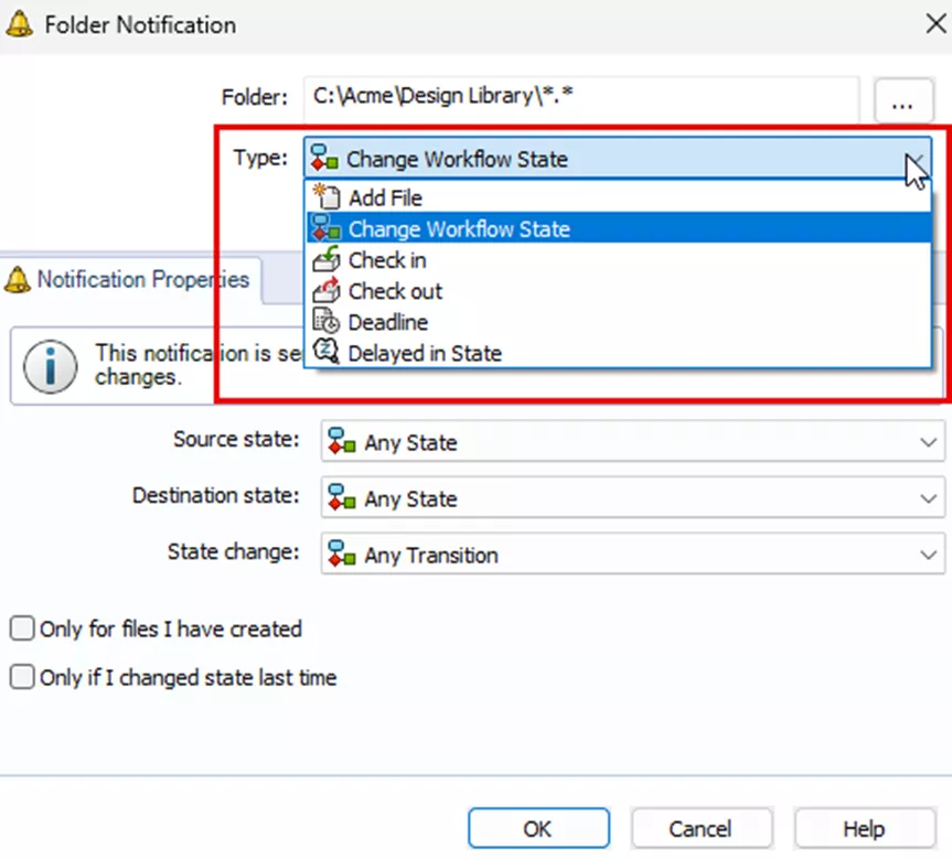 Change Workflow State Option SOLIDWORKS PDM Folder Notifications